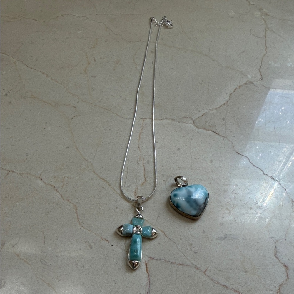 Silver and Blue Cross and Heart Pendant Necklace